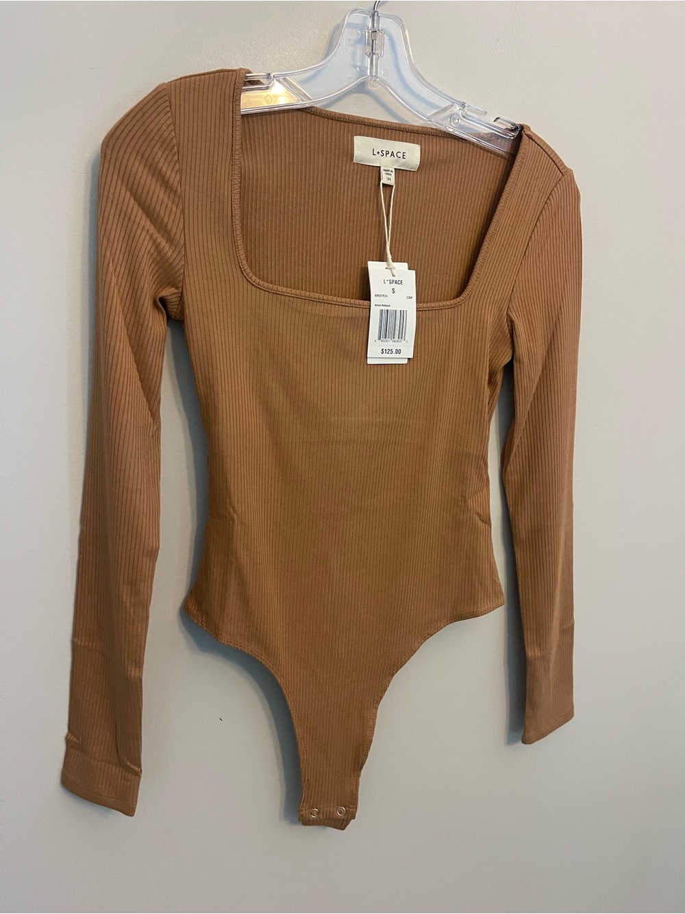 L*Space Amore Long-Sleeve Square-Neck Bodysuit In Camel NWT Small - Picture 7 of 7